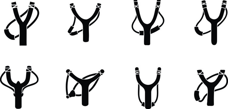 Collection of various slingshot designs in black silhouette on white background for graphic use