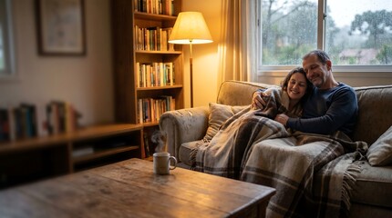 Obraz premium Winter Comfort at Home: Mature Couple Relaxing on Sofa During Rain