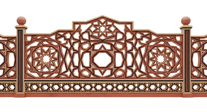 Intricate latticework panel with geometric Islamic star patterns in terra cotta elaborate Moroccan design decorative element traditional craftsmanship