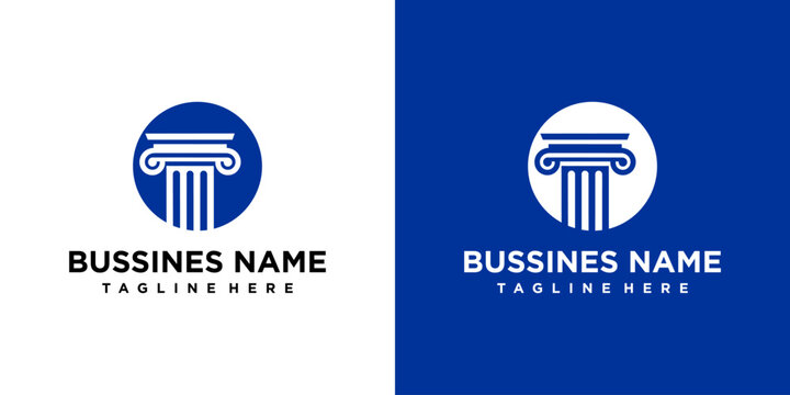 Business logo designs with columns and text on white and blue backgrounds