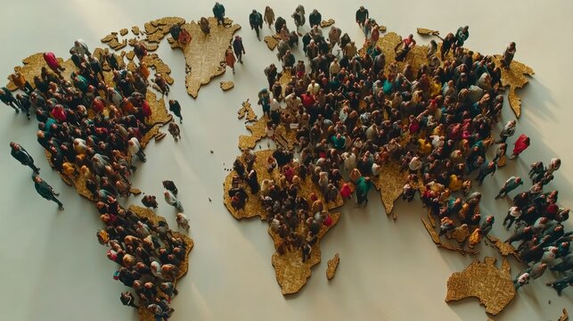 Tiny figures of people densely populate a world map