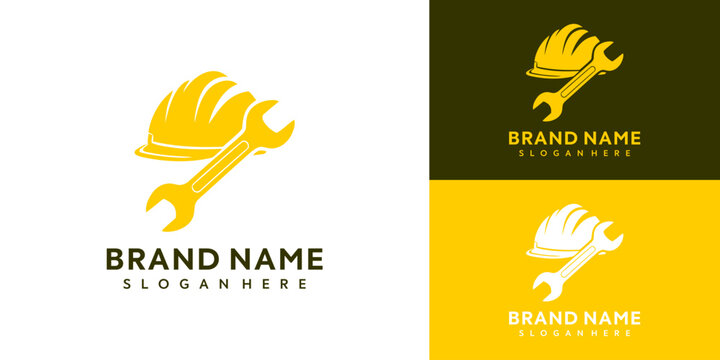 A graphic designer creates a logo with a hard hat and wrench on a yellow background with brand name.