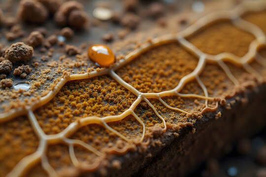 Macro photography of mycelium intertwined with plant roots