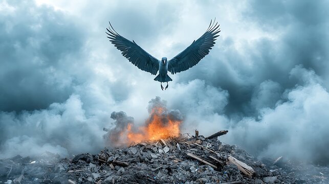 Majestic bird of prey flying above a smoky landscape with flames and debris in background