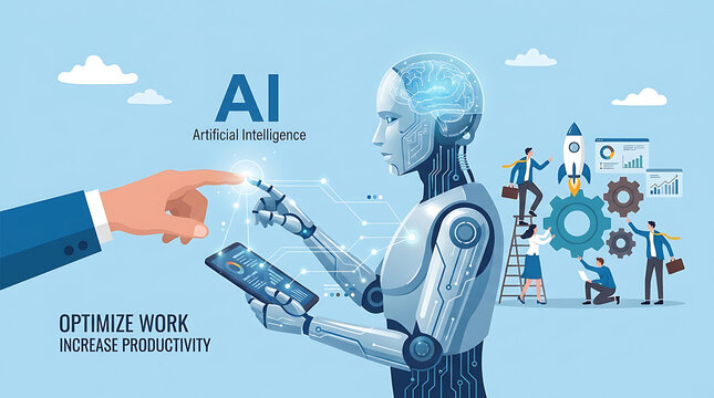 Professional businessman leveraging advanced artificial intelligence to optimize workflow and enhance productivity through digital technology and innovative collaboration with a virtual assistant t...