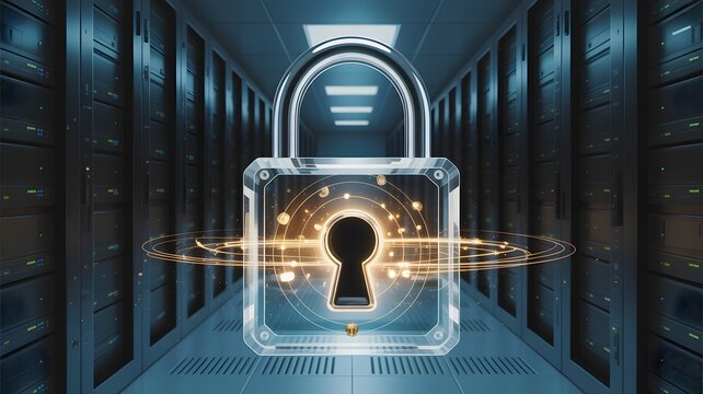 Glowing digital padlock floating in a dark server room aisle with rows of computer racks and data center equipment
