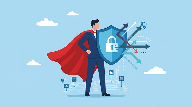 Confident corporate businessman superhero holding powerful digital shield symbol for network security cyber defense insurance protection safety and data privacy safeguard from internet threat