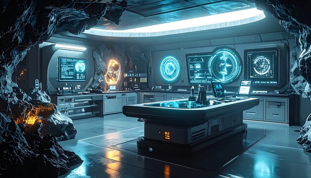 A futuristic laboratory with a large table and screens