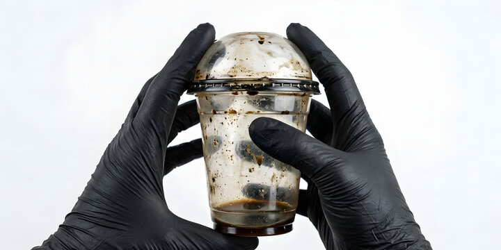 Gloved Hands Holding Dirty Used Plastic Coffee Cup with Stains Isolated on White.