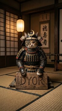 A Majestic Samurai Cat in Traditional Armor Holding a 'DYOR' Sign in a Serene Japanese Room, Vertical Shot