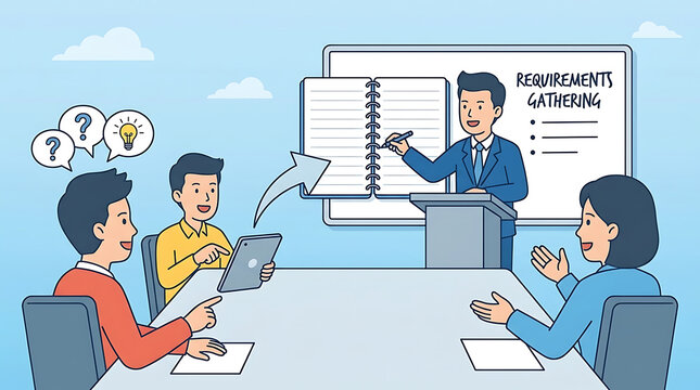 Professional businessman documenting project requirements gathering client demand meeting summary stakeholder feedback analysis corporate strategy planning session briefing
