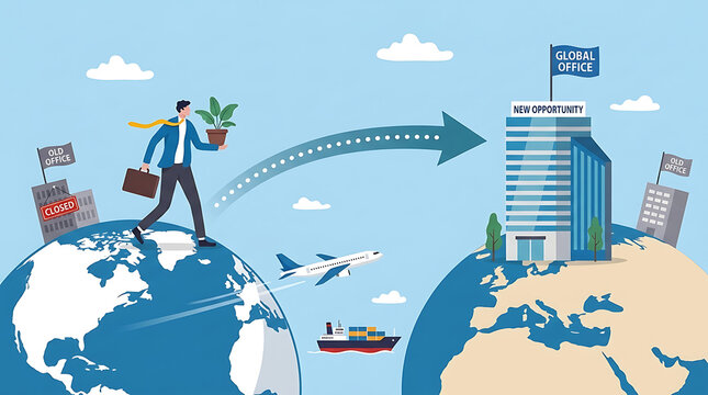 Professional businessman embarking on international relocation for global career opportunity, moving to a new corporate office overseas for job transformation and company expansion.