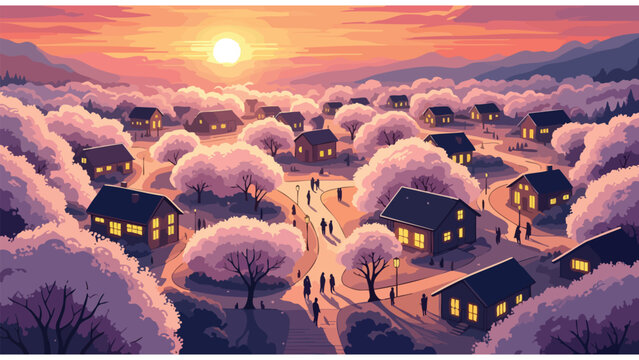 Cozy Village Sunset Ambiance, Suburban Neighborhood Houses, Warm Evening Light