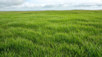 Fototapeta premium Lush Green Grass Field Under Cloudy Sky with Gentle Hills and Soft Light