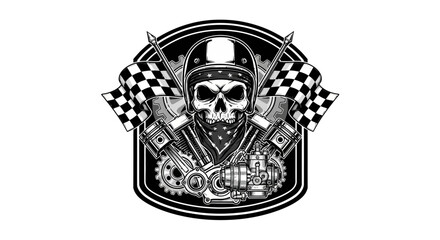 Helmeted Skull with Racing Flags and Engine Parts in Rectangle Emblem, Isolated White Background. © rofiq