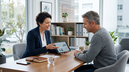 Fototapeta premium Business consultant presenting financial charts on tablet to senior client in modern office. Financial consultation, advisory meeting, client communication, data presentation, and professional service