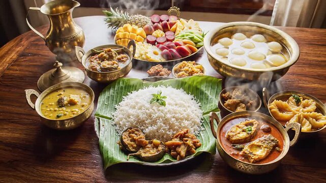 Jamai sasthi traditional Bengali feast with fish curry and rice