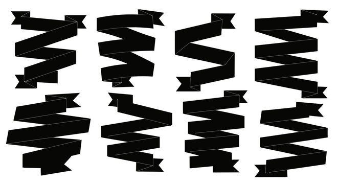 Group of Modern Black Ribbon Banners with Angular Folds on Isolated White Background