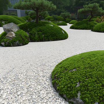Traditional Zen garden with raked white sand gravel and lush green moss, peaceful landscape, generated by AI