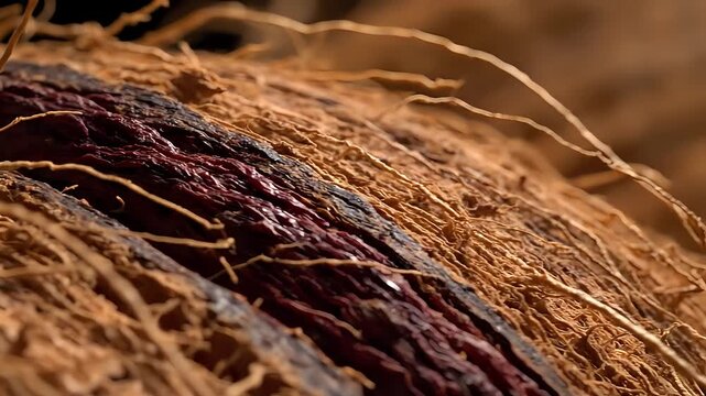 Closeup Macro Shot of Coconut Fiber Texture and Dark Pulp.