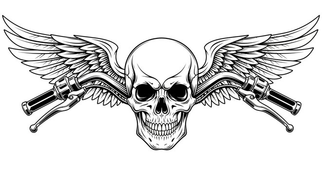 Biker Skull with Wings and Motorcycle Handlebars Illustration on Isolated White Background