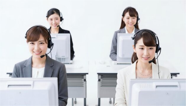 白背景でヘッドセットを着けて笑顔でパソコンを見つめる4人の女性オペレーター