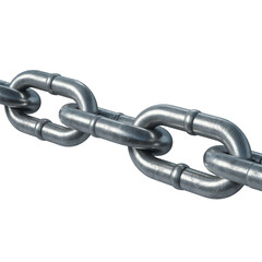 Fototapeta premium A strong industrial metal chain with shiny metallic links connects together on a white background