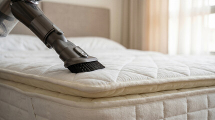 Naklejka premium Close up of a vacuum cleaner cleaning a white mattress in a bedroom professional cleaning service for bed and home hygiene concept