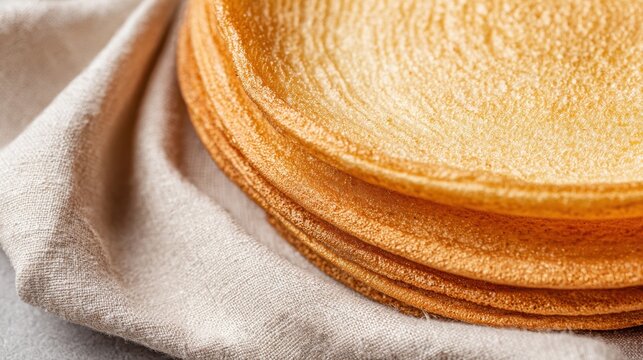Golden Hungarian Langos Bread Stacked on Linen Napkin, Close-Up Food Photography