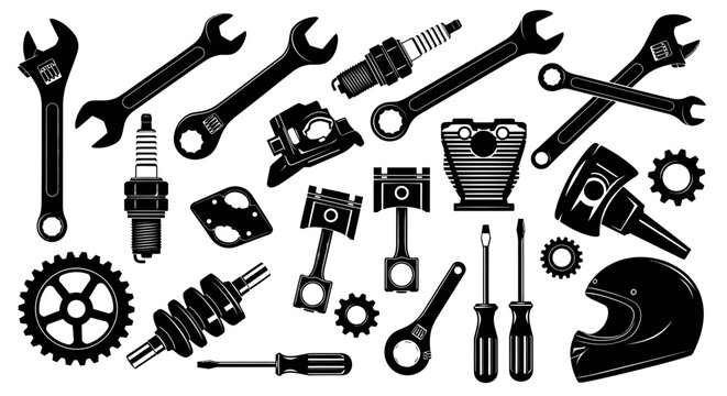 Black silhouette vector assortment of essential mechanic tools and motorcycle engine parts, auto repair elements, isolated white background.