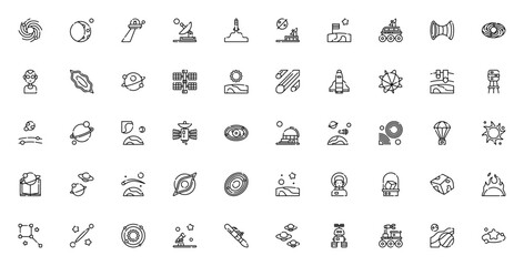 Galaxy icon set. Space vector illustrations pack. Includes planets, stars, rockets, astronauts, telescopes, UFOs, black holes and more. Editable thin line icons. © wang