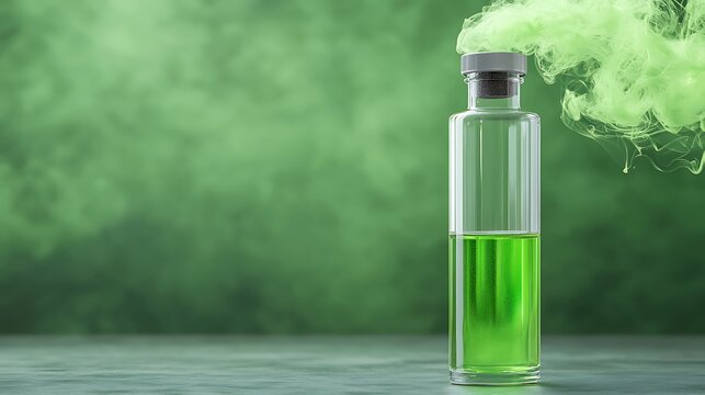 Green liquid in a glass bottle surrounded by ethereal green smoke on a dark background