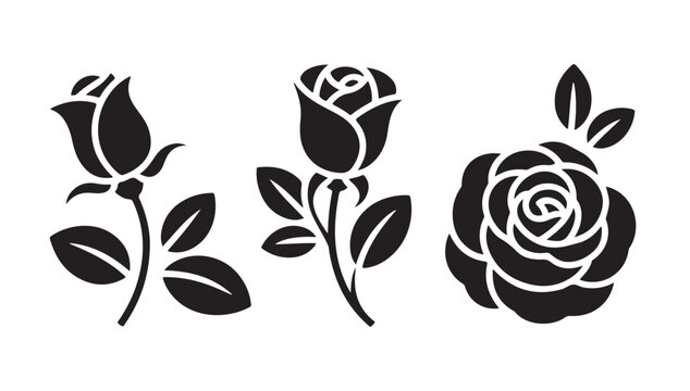 Collection of stylized black roses and leaves isolated on white background vector.