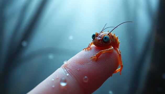 Small orange alien creature with large blue eyes resting peacefully on top of a human finger in the dark
