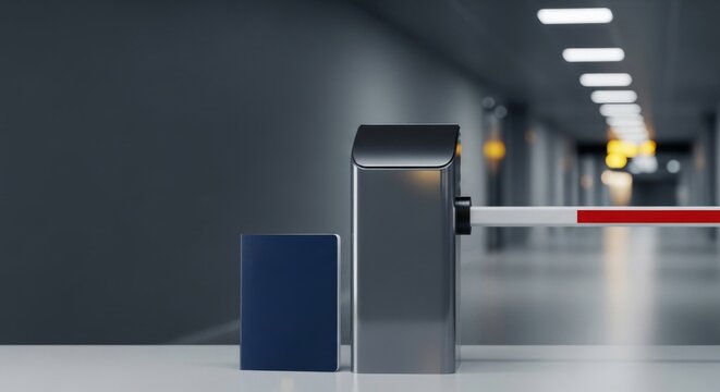 Passport next to a security checkpoint barrier in a modern hallway