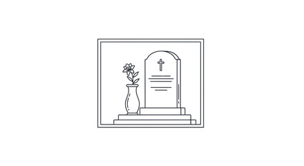 Fototapeta premium Gravestone with flower in vase, religious symbol, funeral, memorial, solemn, remembrance