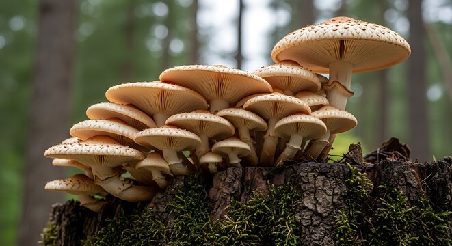 Close up of wild mushrooms growing on a tree stump in forest setting