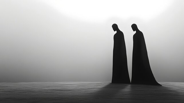 Minimalist surreal photography of two human silhouettes facing each other in a misty void.
