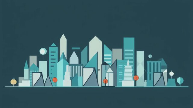 Stylized geometric cityscape illustration with modern buildings and small trees against a dark blue background.