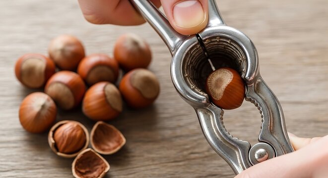 Close up of hand using a nutcracker to open a hazelnut on wood surface