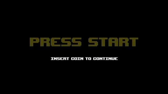 8-bit pixel art press start title screen. looped animation 4k 30fps