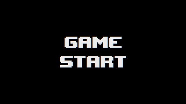 8-bit pixel art glitch game start text screen. looped animation 4k 30fps