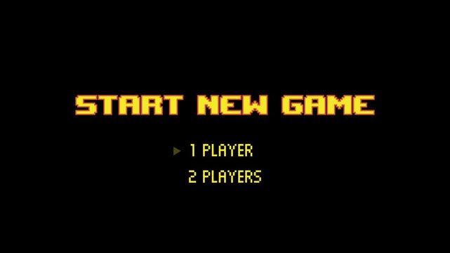 8-bit pixel art start new game screen and player selection text. looped animation 4k 30fps