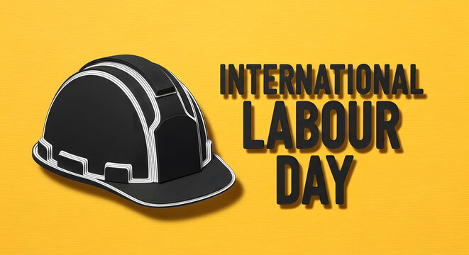 International Labour Day text with hard hat on yellow background