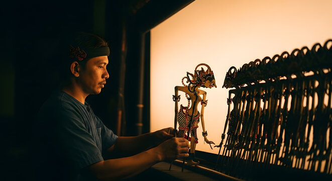 Man operating traditional shadow puppets with wooden sticks during a cultural performance