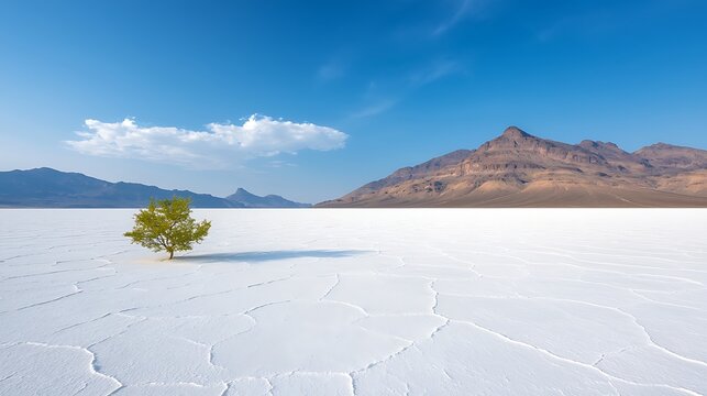 Solitary Green Tree Amidst Vast White Salt Flat Landscape Under Bright Blue Sky