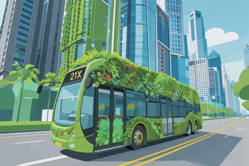 Obraz premium Urban bus with green design travels on city street surrounded by tall buildings and greenery during daytime