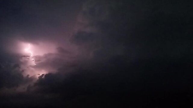 Powerful Branching Thunder Lightning Bolts Striking Across the Dark Purple Night Sky, Monsoon Weather forecast