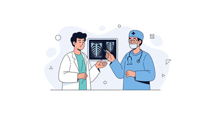 Fototapeta premium Doctors discussing X-ray results, medical consultation, healthcare professionals examining scan