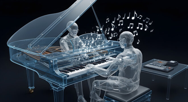 Transparent digital figures playing a grand piano with musical notes floating above.